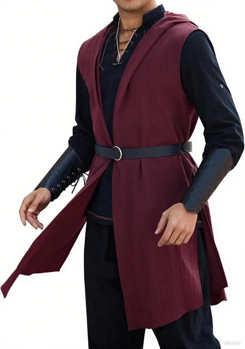 Runcati Men’s Renaissance Costume – Hooded Medieval Knight Surcoat Sleeveless Tunic Tabard for Halloween & Viking Dress-Up