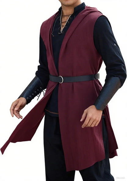 Runcati Men’s Renaissance Costume – Hooded Medieval Knight Surcoat Sleeveless Tunic Tabard for Halloween & Viking Dress-Up