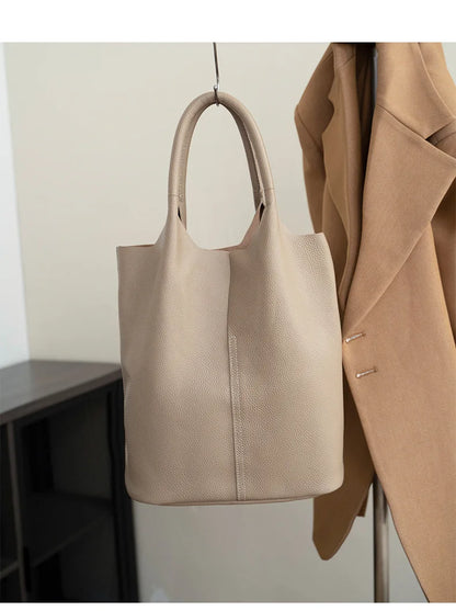 Genuine Leather Women’s Commuter Tote Bag — Soft Cowhide Shoulder Handbag, Large Capacity Bucket Bag, 2025 New
