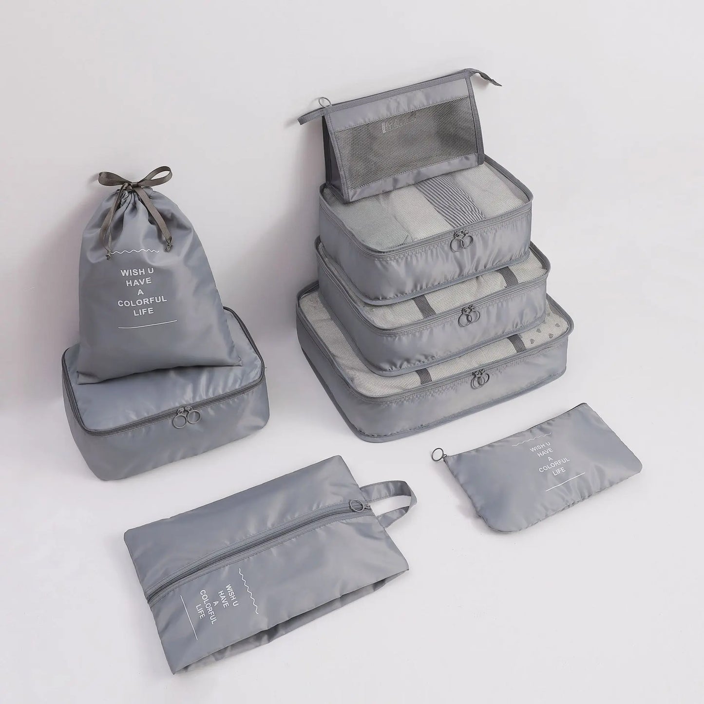 8-Piece Travel Storage Bag Set - Waterproof Luggage Clothes Sorting Bags in Black/Blue/Grey, Large Capacity