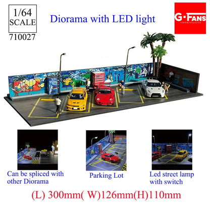 GFans 1:64 Scale Diorama Car Garage Model – LED Lighted Parking Lot DIY City Set for Collection & Display Gifts