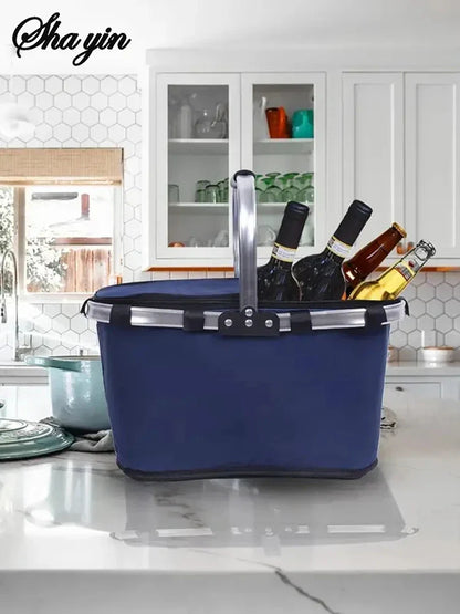 Folding Insulated Meal & Shopping Basket — Portable Handheld Cooler Bag for Outdoor Lunch, Ice Pack, and Food Delivery