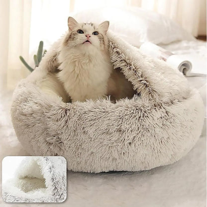 Round Soft Plush Pet Bed with Cover - 2-in-1 Cat and Dog Sleeping Nest Cave, Warm Pet Mattress for Small Dogs