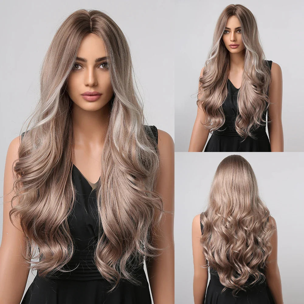 ALAN EATON Black Long Wavy Synthetic Wig – Natural Afro Hair, Middle Part, Heat-Resistant Fiber for Daily Use