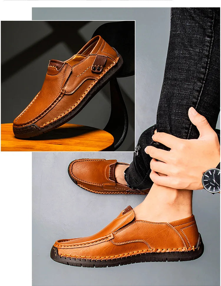 Handmade Leather Men’s Loafers – Casual Slip-On Flats, Comfortable Outdoor Walking Shoes