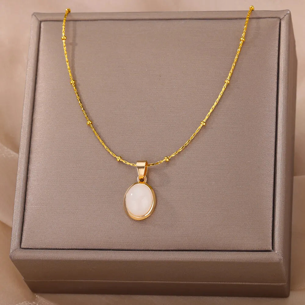 Fashion Opal Oval Necklace for Women – Gold Stainless Steel Pendant, Aesthetic Wedding Jewelry Gift