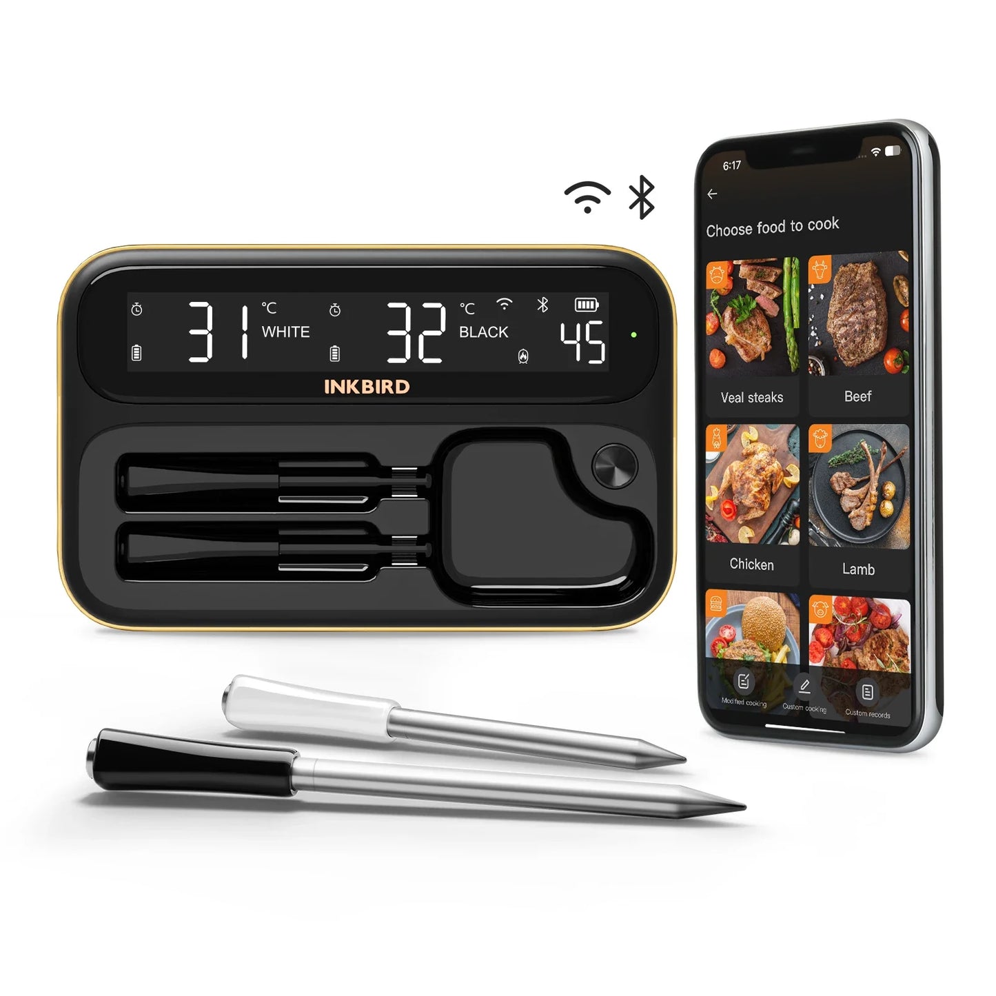 INKBIRD Dual-Mode Wireless Meat Thermometer – Long & Short Probe, Backlit LCD, IP67 Waterproof with BBQ Alarm