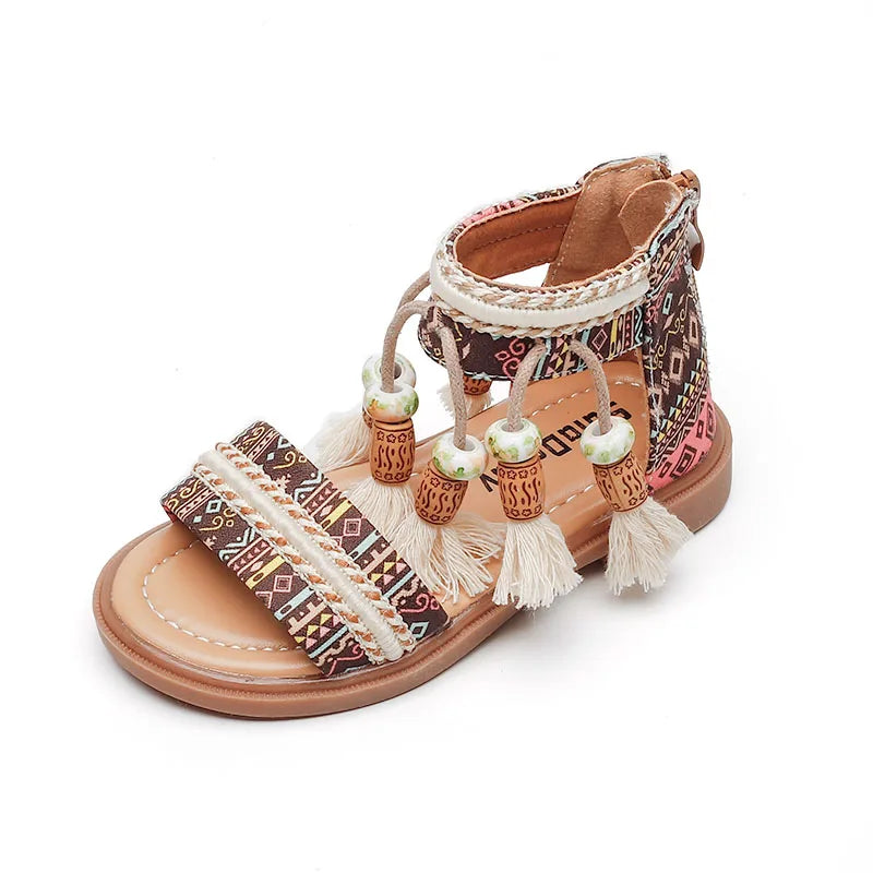 Girls Tassel Gladiator Sandals - Retro Ethnic Summer Shoes with Back Zipper for Kids