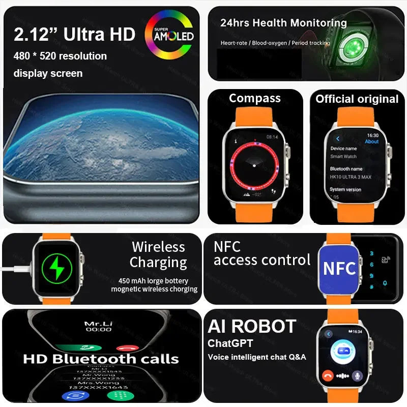 HK10 ULTRA 3 MAX Smartwatch 2025 — 49mm HD AMOLED, 4G Bluetooth Call, NFC, Compass & Chat Robot for Men & Women