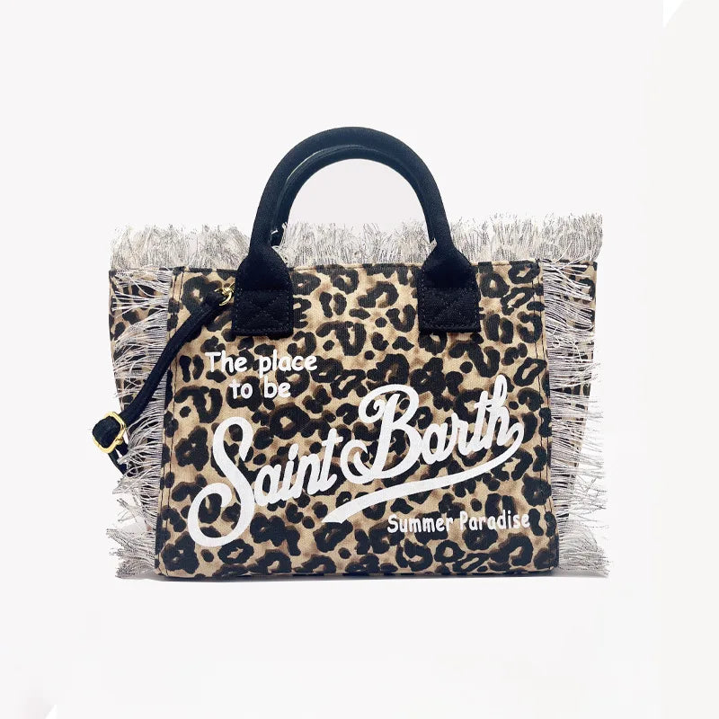 SAINT BARTH Houndstooth Crossbody Bag – Small Cotton Linen Handmade Tote with Tassels for Women