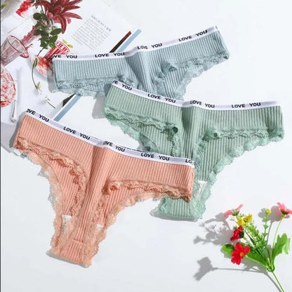 3Pcs Lace Thong Set - Women’s Low Waist Sexy Tanga Cotton Panties, T-Back Lingerie Underwear