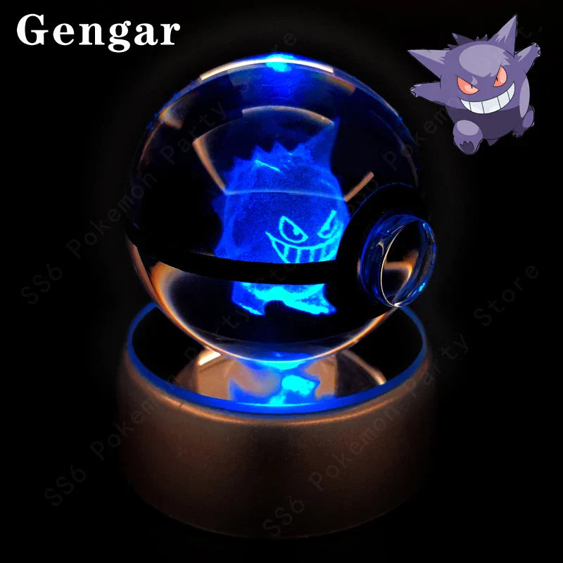 Pokemon Crystal Ball Night Light - 3D Pikachu, Gengar, Mew and Mewtwo Lamp Base, Glass Pokeball Figure, Birthday Gift