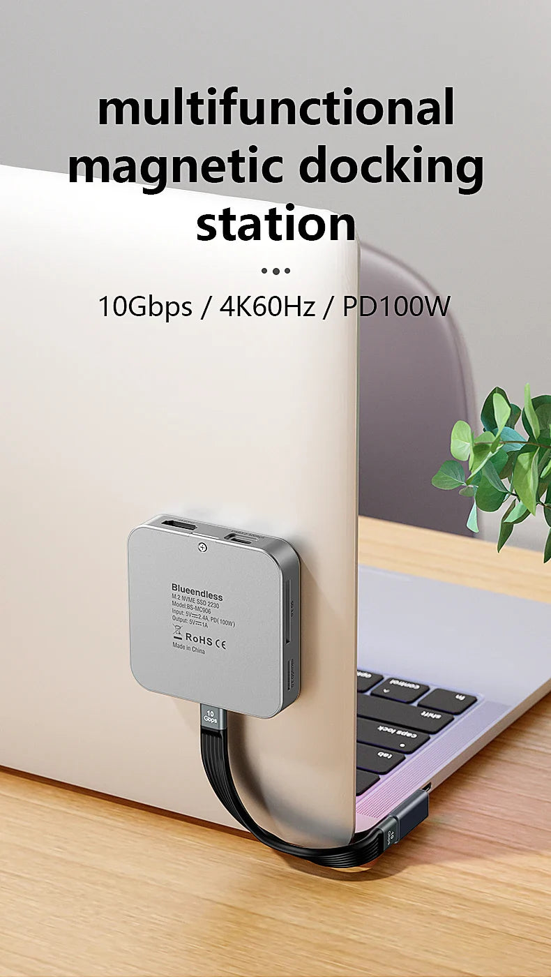 Blueendless 8-in-1 M.2 NVMe SSD Docking Station – USB 3.1 10Gbps, 100W PD, 4K60Hz HDTV Magnetic M.2 SSD Enclosure