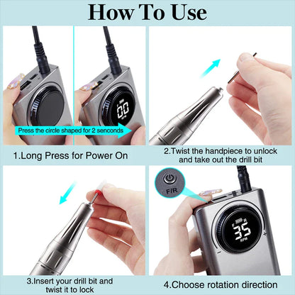 YOKEFELLOW Professional Nail Drill Kit – 35000RPM Rechargeable Electric Nail File for Manicure, Acrylic & Gel Nails