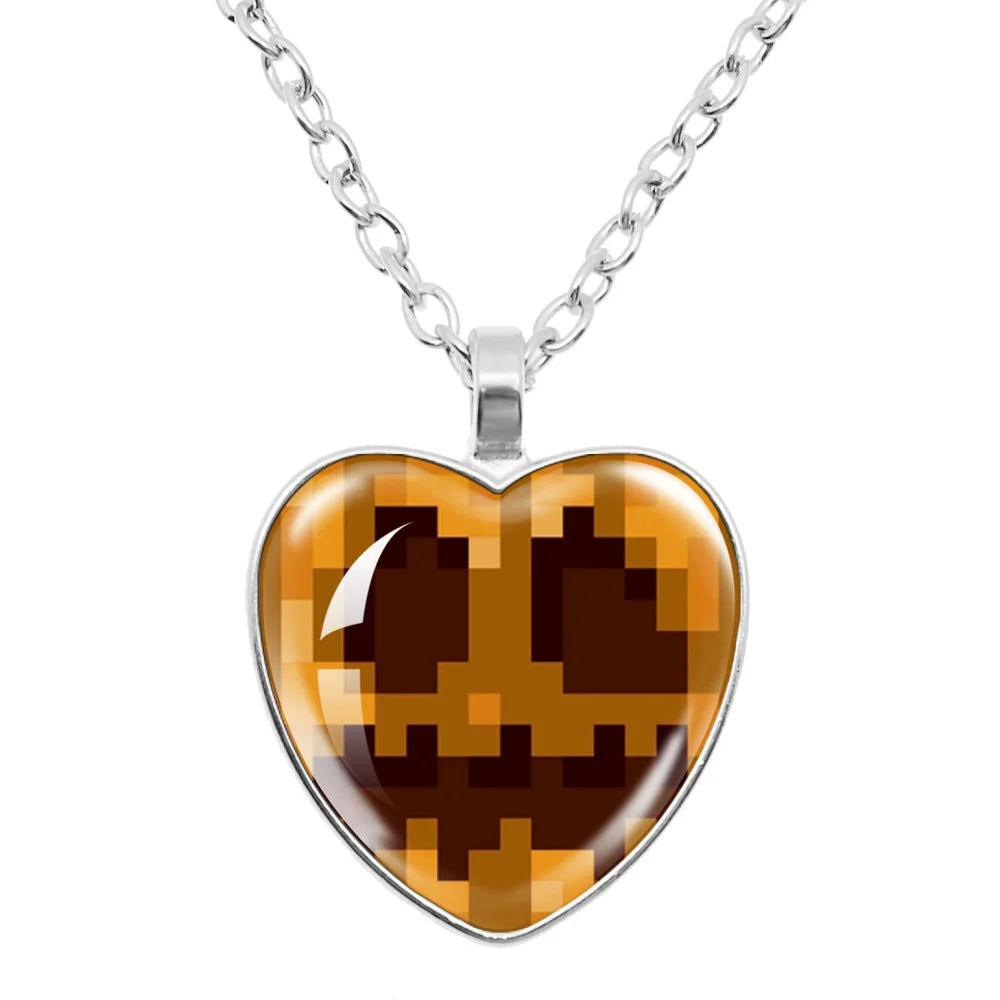 Funny Pixel Block Cartoon Pendant Necklace – 25mm Glass Heart-Shaped Charm, My World Theme Jewelry Gift