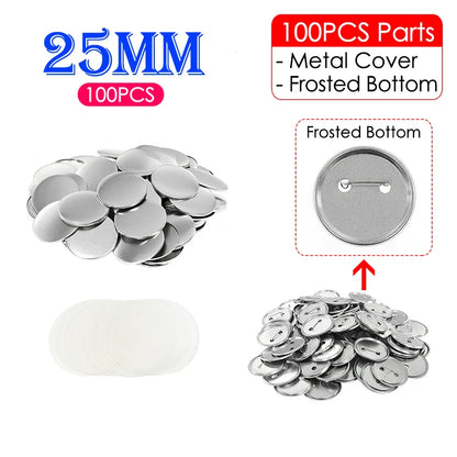 100 Sets Round Badge Pin Button Maker Machine - 25/32/37/44/58MM, DIY Punch Press Machine, Manual Badge Parts Consumables