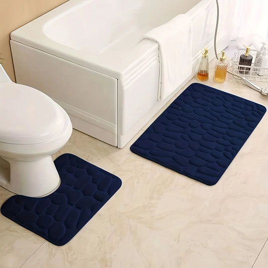 2PC Embossed Stone Pattern Toilet & Door Mats – Water-Absorbent, Non-Slip, Washable Home Decor Carpet