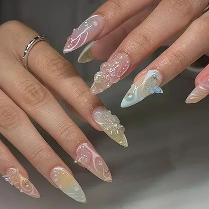 24PCS Pink Almond Press On Nails - Butterfly Ballet French Design Artificial Nail Tips for Stylish Nail Art