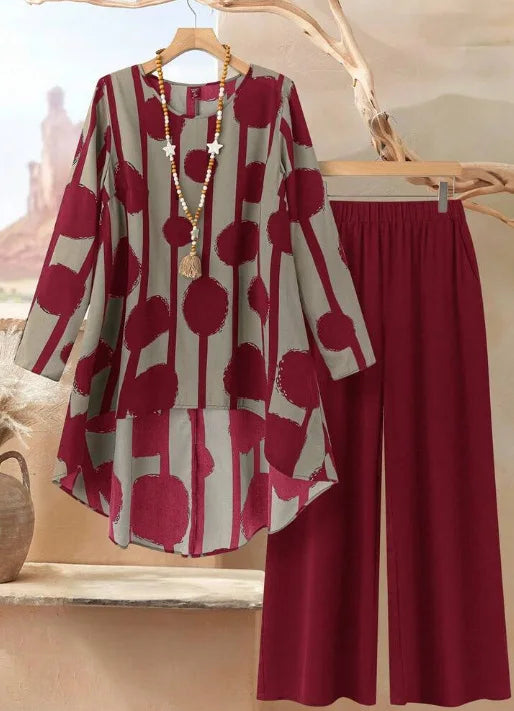 Plus Size 2 Piece Outfit Set - Floral Long Sleeve Blouse and Wide Leg Pants Casual Women's Suit