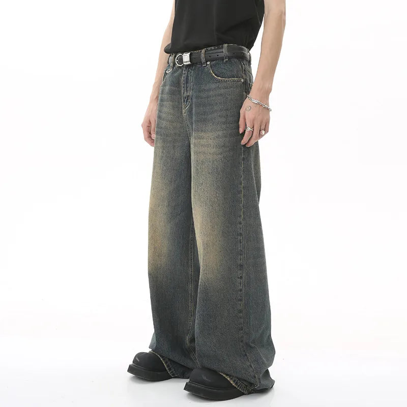IEFB Men’s Summer Denim Jeans – Washed Blue Straight Loose Wide-Leg Casual Pants