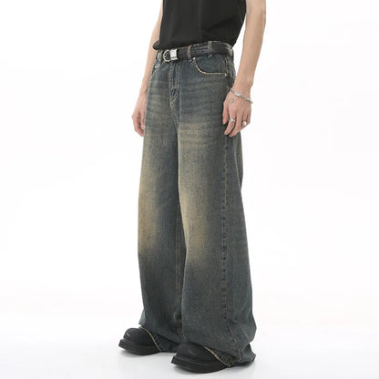 IEFB Men’s Summer Denim Jeans – Washed Blue Straight Loose Wide-Leg Casual Pants