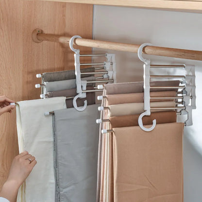 5-In-1 Magic Trouser Rack Hangers - Stainless Steel Folding Pant Rack, Tie Hanger, Shelves - Bedroom Closet Organizer, Wardrobe Storage