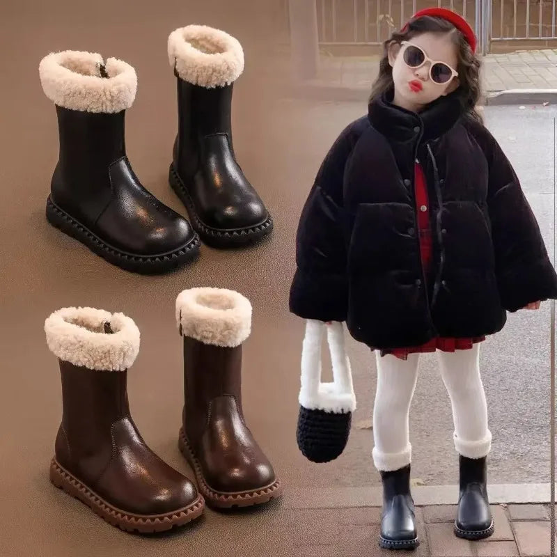 Girls' Wool Winter Boots 2025 – Breathable Lining, Anti-Slip Side Zipper, Fashionable Retro Snow Shoes for Kids