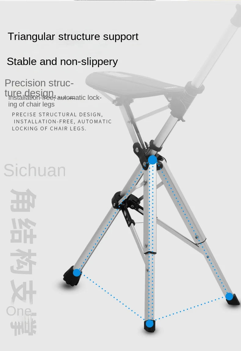 Multi-Functional Non-Slip Walking Stick with Seat – One-Key Foldable Crutch Chair, Triangular Bracing Elderly Hiking Pole Walker