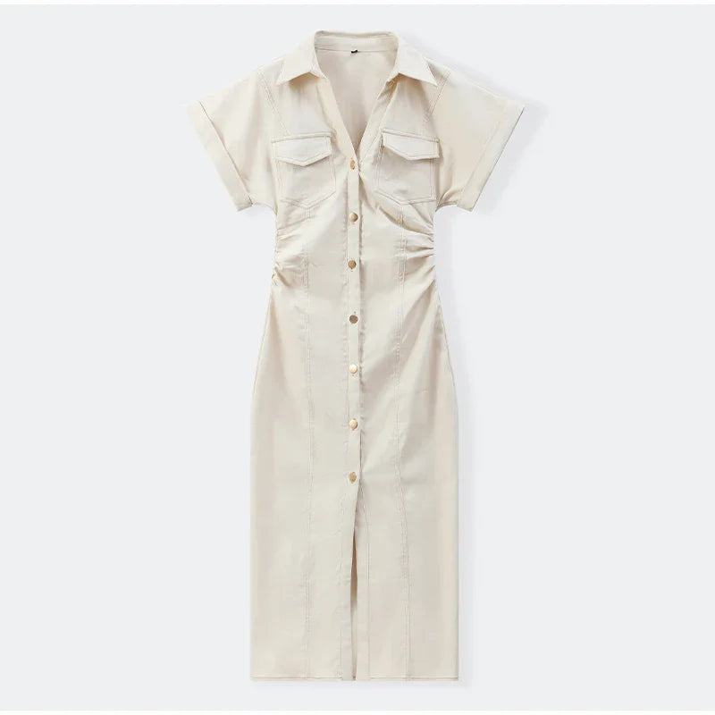 Women’s Chic White Denim Dress – Casual Lapel Long Slim Maxi, Single-Breasted Short Sleeve Summer Dress