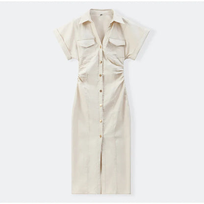 Women’s Chic White Denim Dress – Casual Lapel Long Slim Maxi, Single-Breasted Short Sleeve Summer Dress