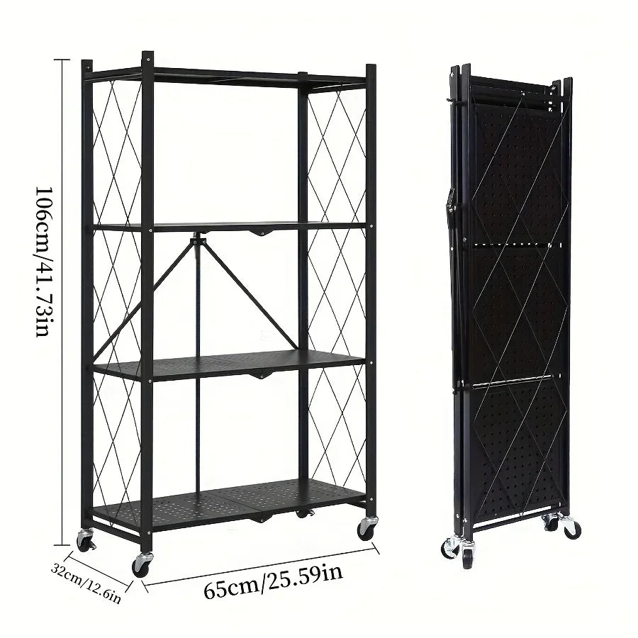 3/4/5-Tier Heavy-Duty Rolling Storage Shelf – Foldable Portable Iron Shelving Unit with Wheels for Home & Garage Organization