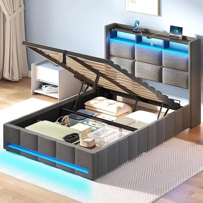 Twin Size Bed Frame with Lift-Up Storage – Charging Station, LED Lights & Upholstered Headboard, Heavy Duty Wooden Slats