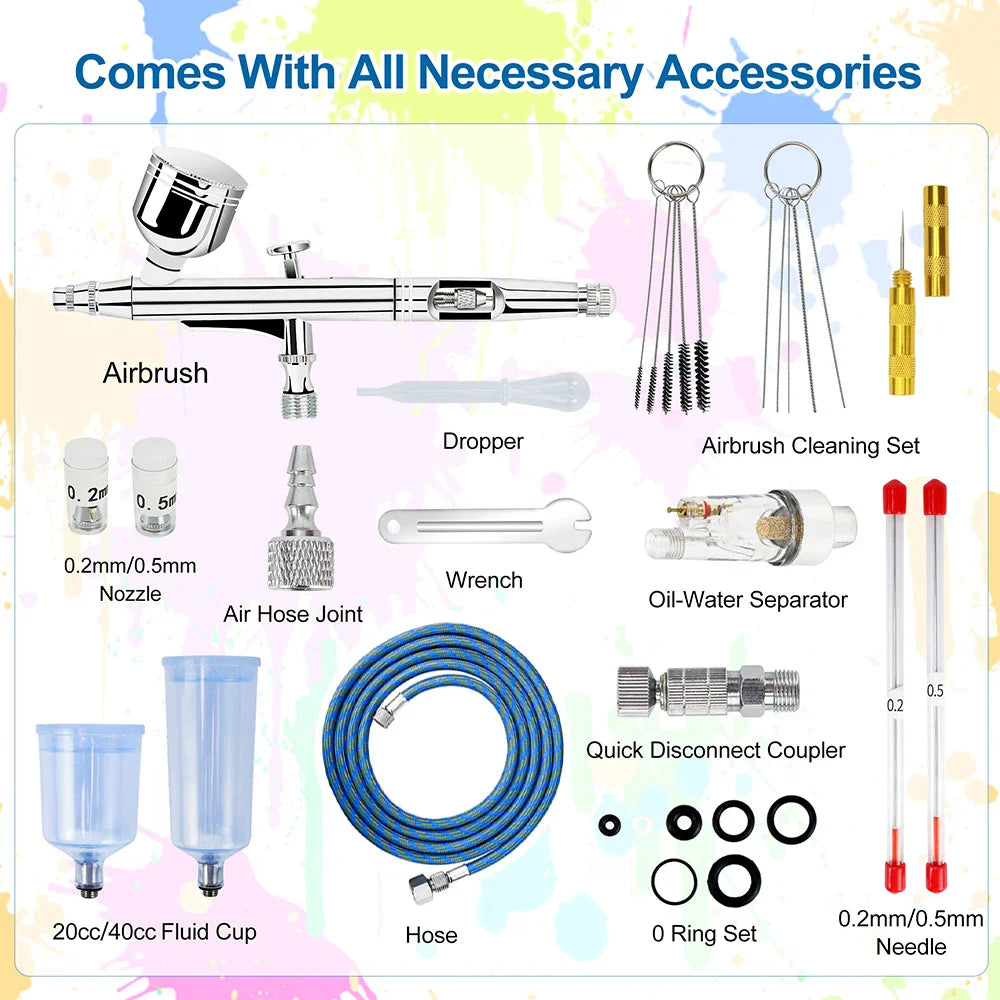 Dual-Action Gravity Airbrush Kit with 0.2/0.3/0.5mm Needles, 7/20/40cc Cups & Cleaning Tools for Makeup, Nail Art, Painting & Car Detailing