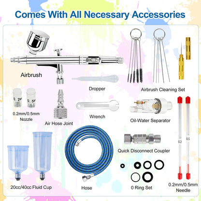 Dual-Action Gravity Airbrush Kit with 0.2/0.3/0.5mm Needles, 7/20/40cc Cups & Cleaning Tools for Makeup, Nail Art, Painting & Car Detailing