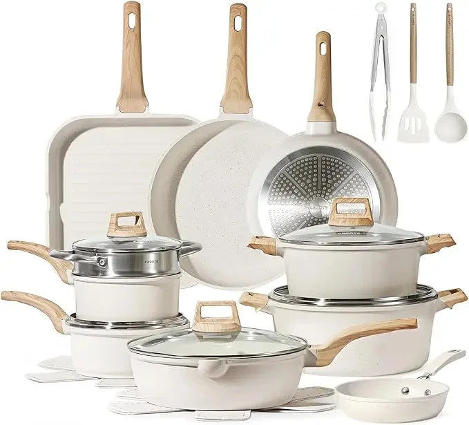 CAROTE 21 Piece White Granite Nonstick Cookware Set - Induction-Ready Pots, Pans, and Frying Pans
