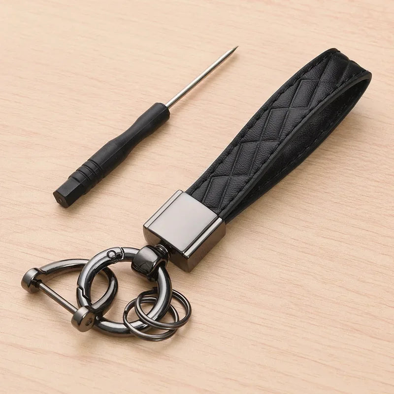 5-Color Genuine Leather Plaid Keychain – Luxury Black Buckle Car Key Ring for Men & Women, Gift for Friends