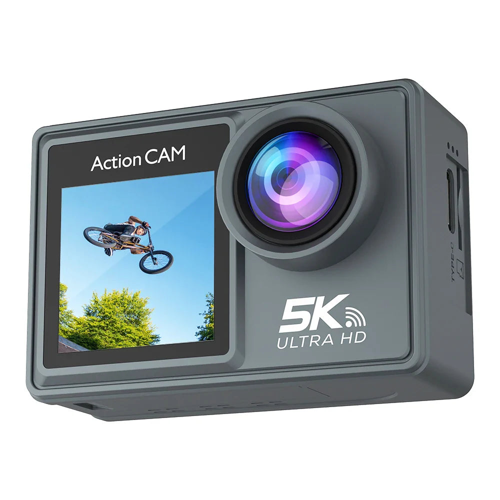 5K Action Camera – 4K 60FPS Dual IPS Touchscreen, WiFi, 170° Wide-Angle, 30M Waterproof, 5X Zoom, Anti-Shake, Remote Control