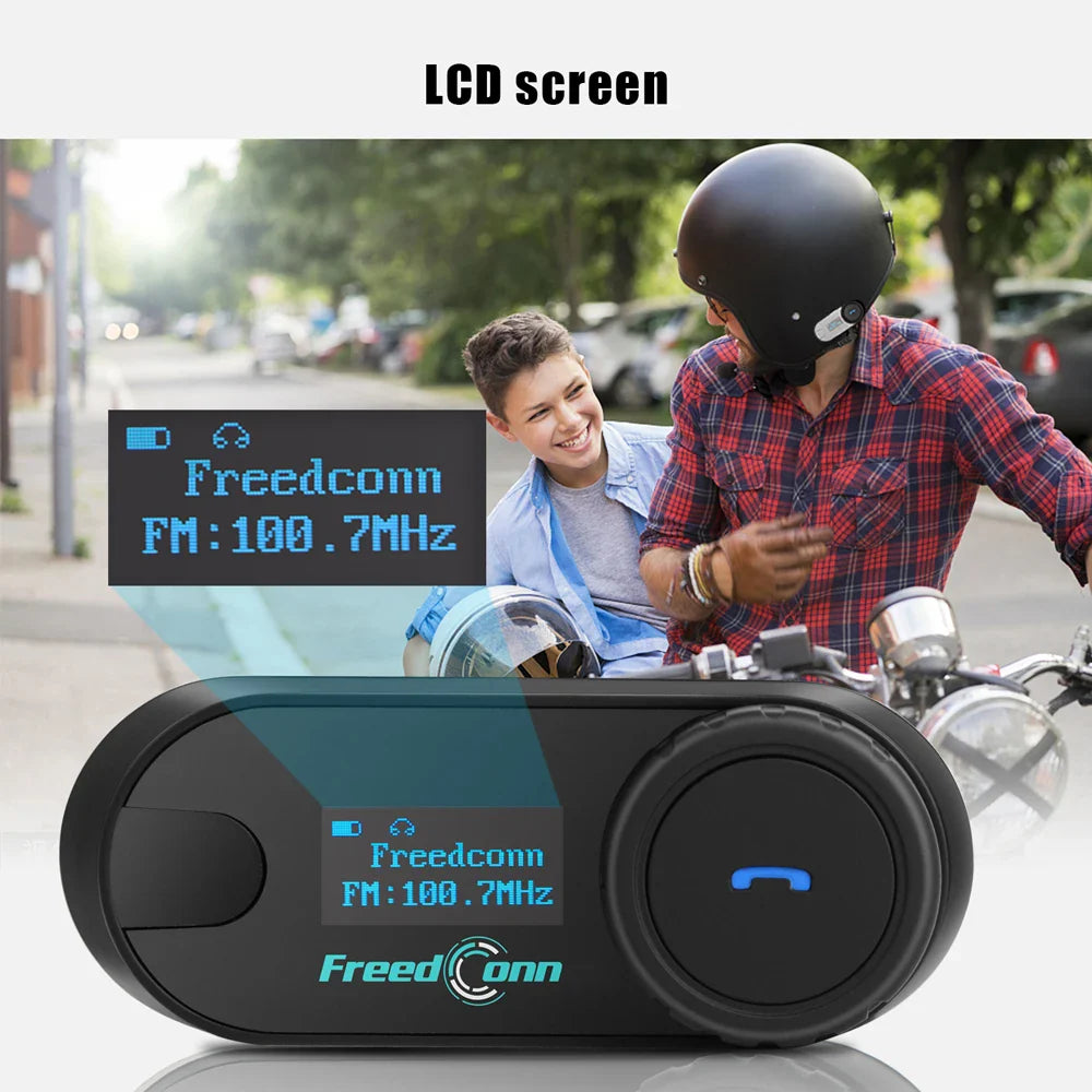 FreedConn Bluetooth Motorcycle Intercom Helmet Headset - Wireless Motorbike Interphone with LCD Screen & FM Earphone