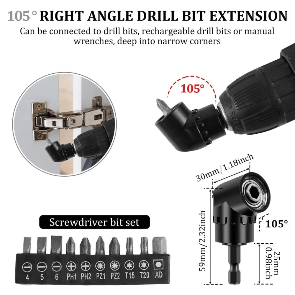 Flexible Drill Bit Extension & Right Angle Adapter Set – 105° Rotatable Hex Shank Screwdriver Bit Kit