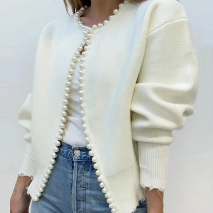 Women’s Casual Pearl-Embellished Cardigan – Elegant Long Sleeve Knit Sweater Coat