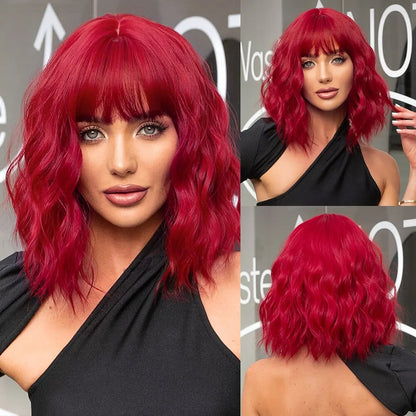 Women’s Grey Wavy Bob Wig with Bangs — Short Blonde Ombre Synthetic Hair with Dark Roots for Daily Wear