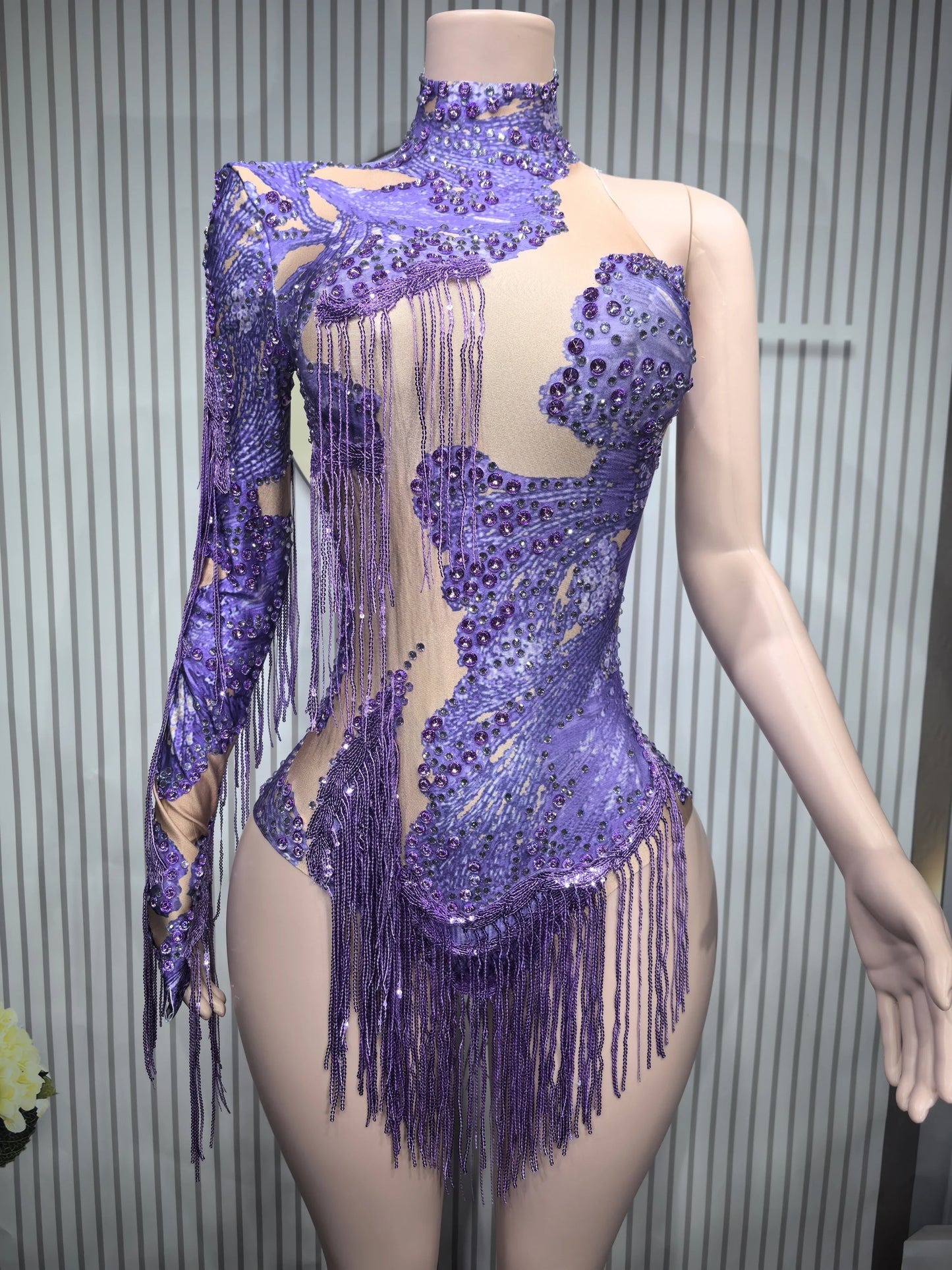 Sparkly Blue Rhinestone Leotard - One-Shoulder Fringe Bodysuit for Dance, Stage & Performance