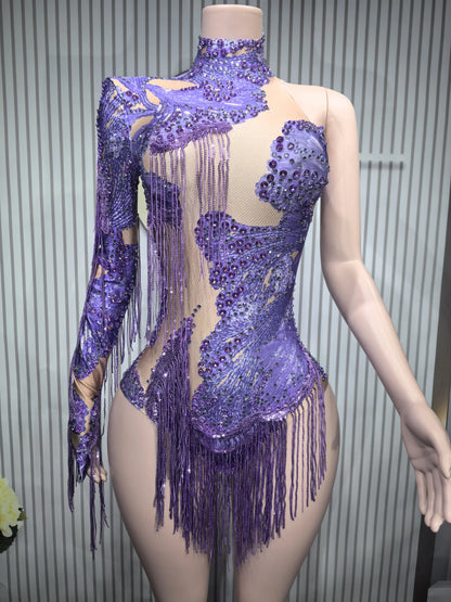 Sparkly Blue Rhinestone Leotard - One-Shoulder Fringe Bodysuit for Dance, Stage & Performance