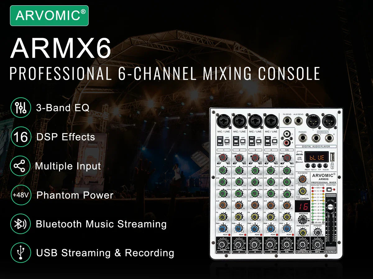 ARVOMIC 6 Channel DJ Audio Mixer – USB Interface, Bluetooth, 16 DSP Effects, 3-Band EQ (ARMX-6)