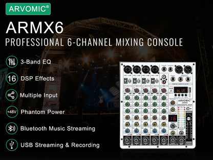 ARVOMIC 6 Channel DJ Audio Mixer – USB Interface, Bluetooth, 16 DSP Effects, 3-Band EQ (ARMX-6)