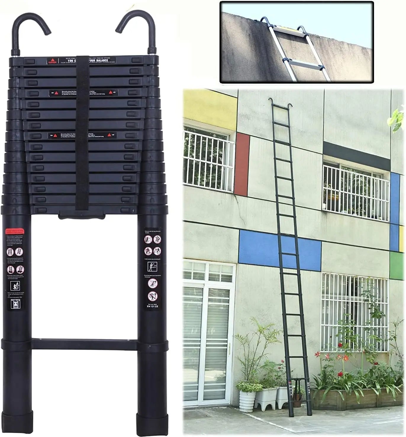 DayPlus 3.2-6.2M Telescopic Ladder with Roof Hook Kit – Portable, Heavy Duty Aluminium Multi-Purpose Folding Extendable Ladder