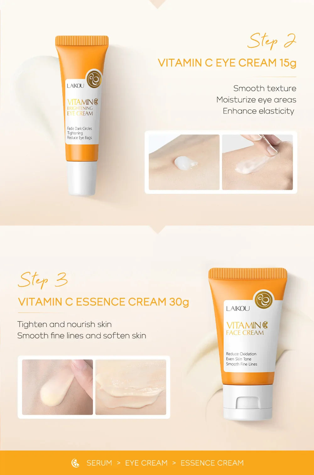 3pcs LAIKOU Vitamin C 24K Golden Sakura Skincare Set – Moisturizing Face Cream, Serum & Eye Cream