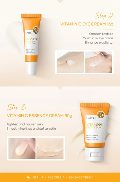 LAIKOU 3pcs Vitamin C & 24K Gold Sakura Skincare Set — Moisturizing Face Cream, Serum & Eye Cream, Anti-Wrinkle Face Care Kit