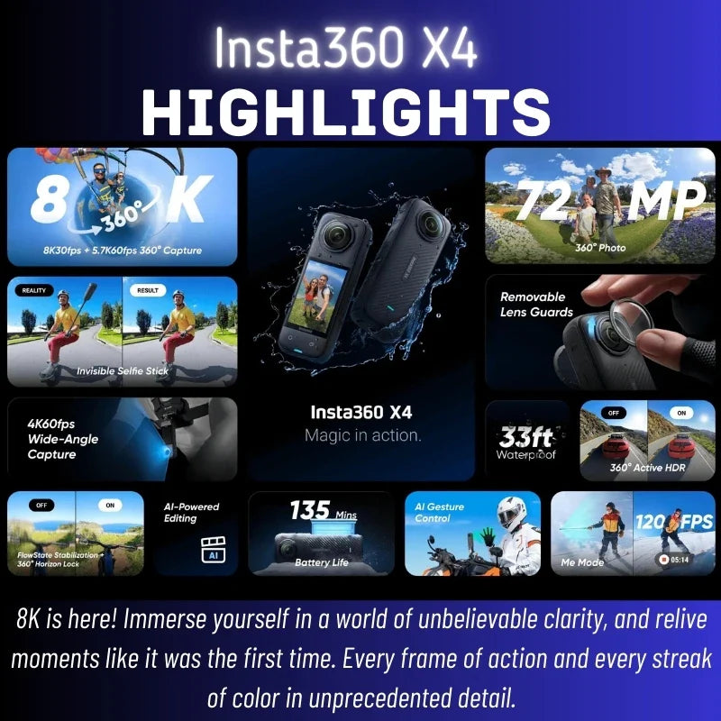 Insta360 X4 8K 360 Action Camera – 72MP, Active HDR, Waterproof, AI Powered with 2.5'' Touchscreen
