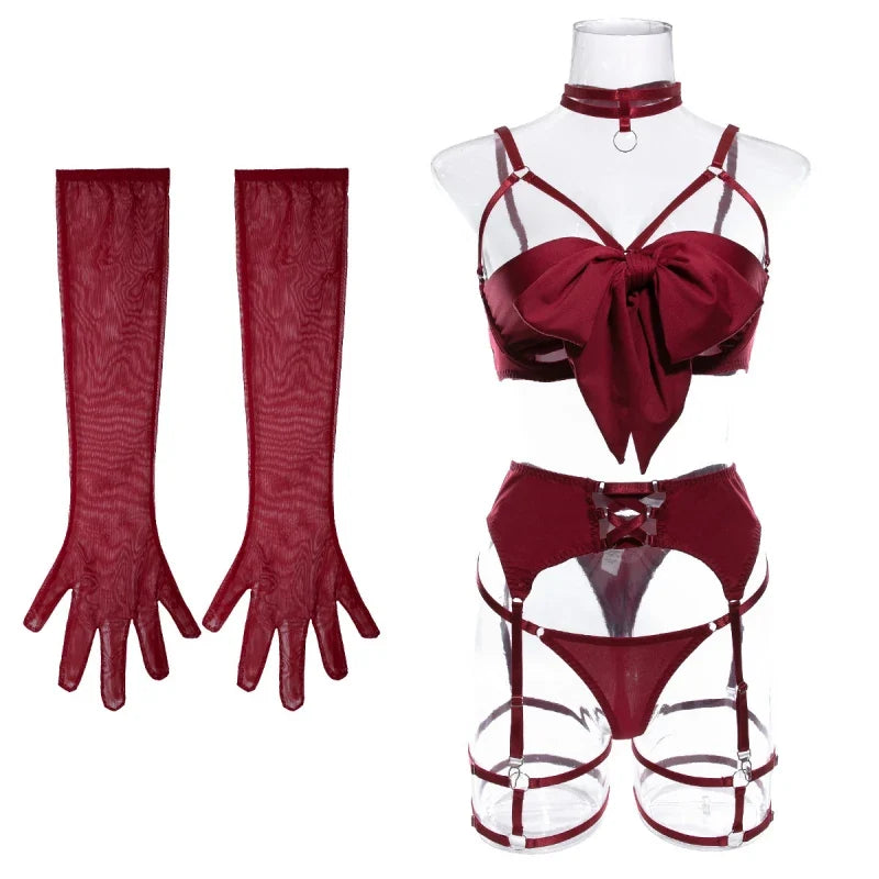 Push-Up Bikini Set - Hollow-Out Three-Piece Swimsuit with Garter Belt & Gloves